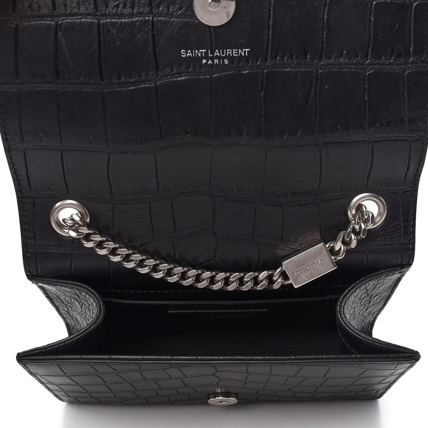 Calfskin Crocodile Embossed Monogram Small Kate Tassel Satchel Black