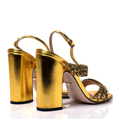 Gucci Nappa Silk Crystal Bertie High Heel Sandals 38.5 Gold 3 of 11