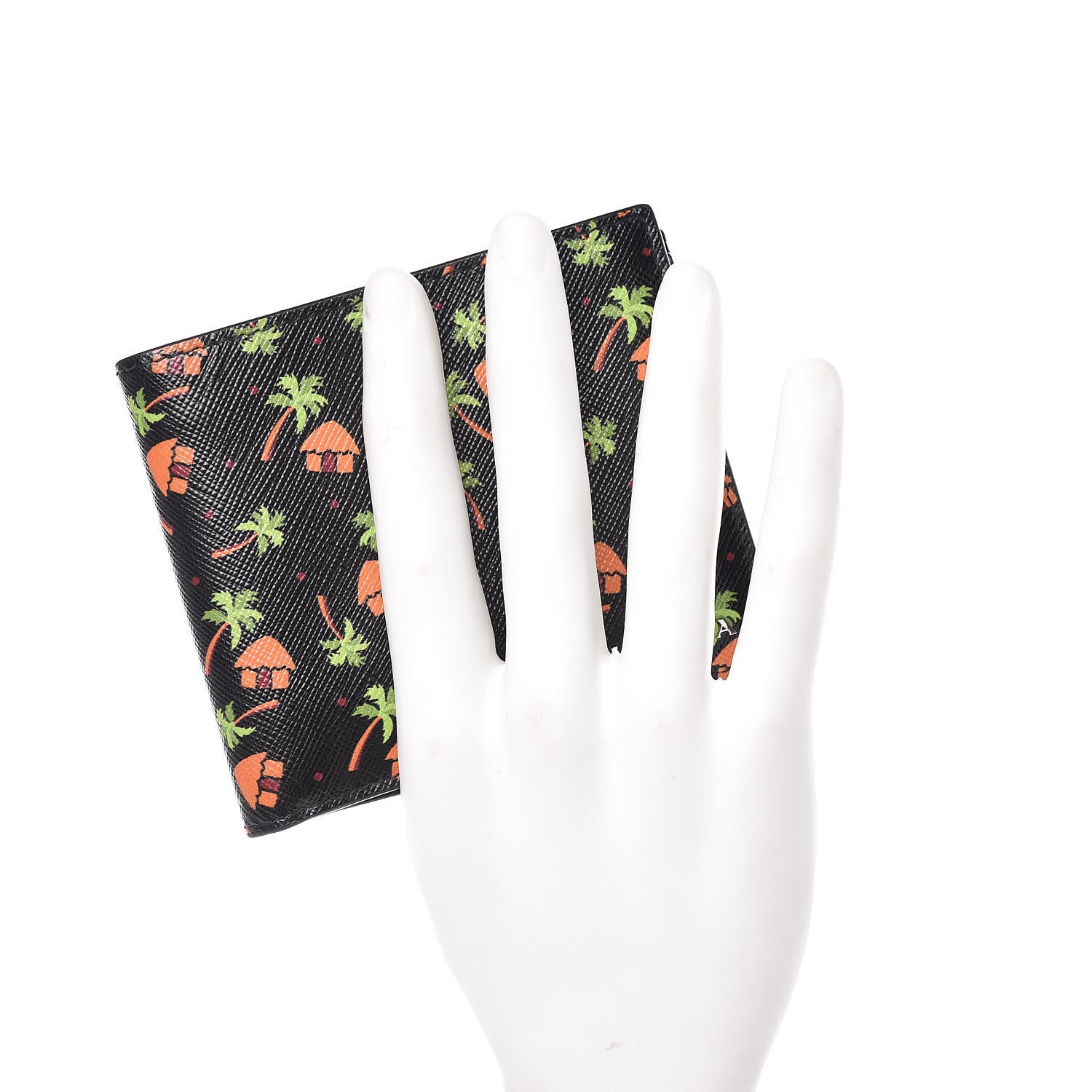 Prada Saffiano Palm Tree Bi-Fold Wallet Black 2 of 8