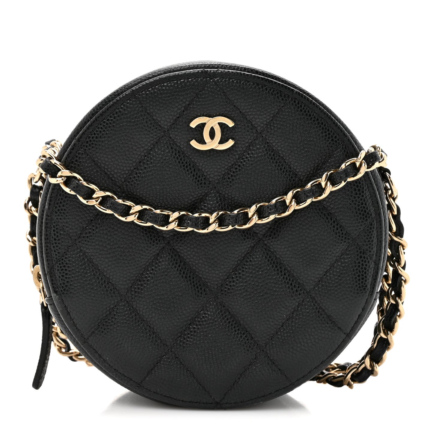 Caviar Quilted Round Clutch With Chain Black