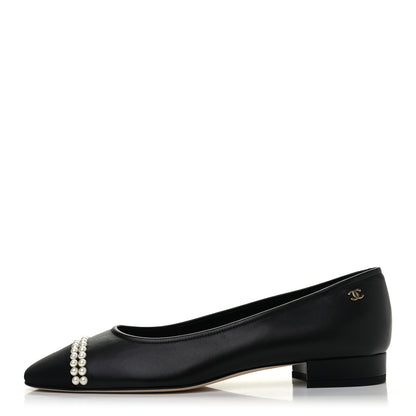Chanel Lambskin Grosgrain Pearl Cap Toe Ballerina Flats 40 Black 1 of 6