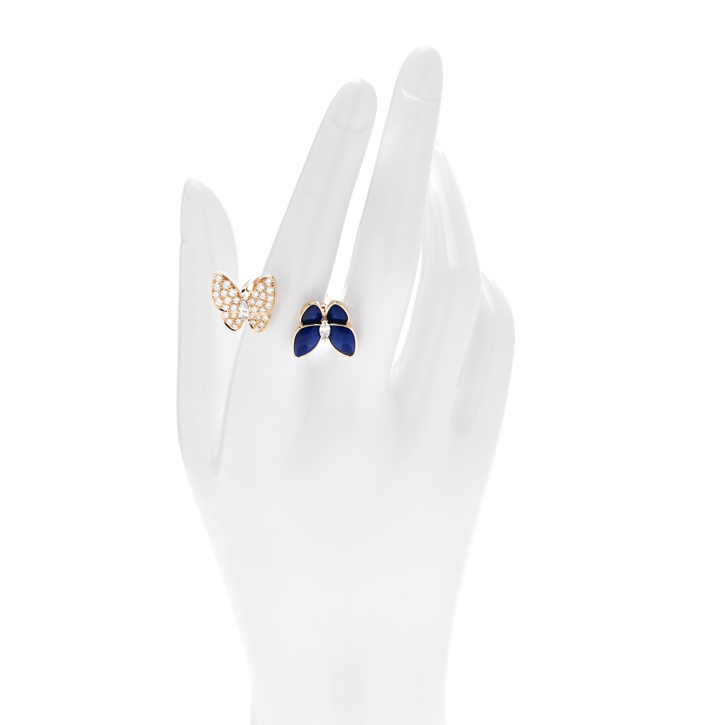 18K Yellow Gold Diamond Lapis Lazuli Two Butterfly Between The Finger Ring 55 7.25