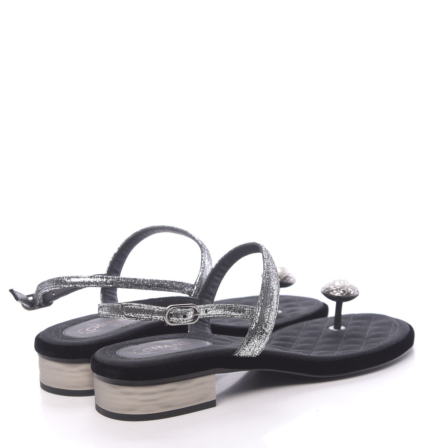 Chanel Metallized Goatskin Pearl CC Thong Sandals 40 Silver 4 of 7