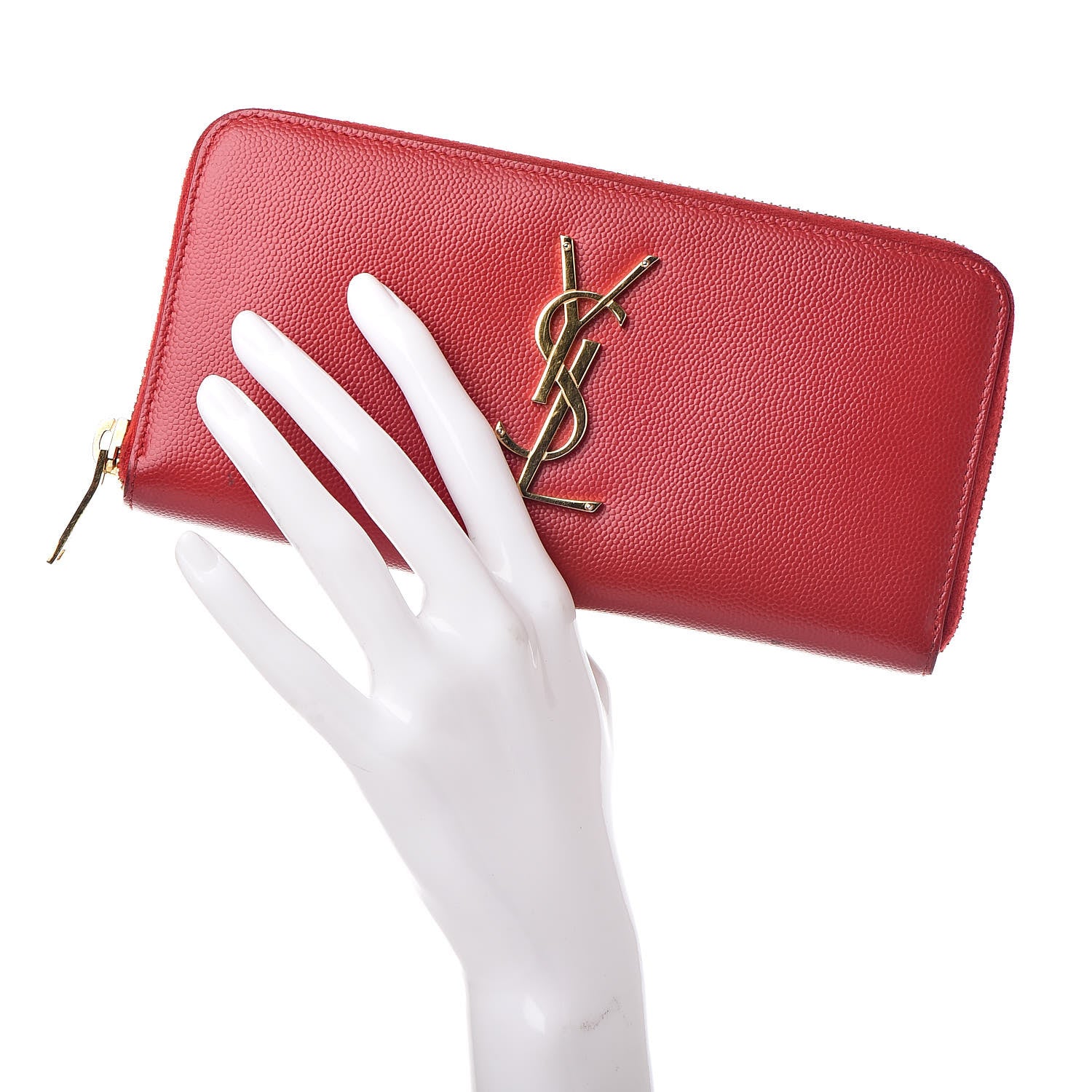 Saint Laurent Grain De Poudre Monogram Zip Around Wallet New Red 2 of 14