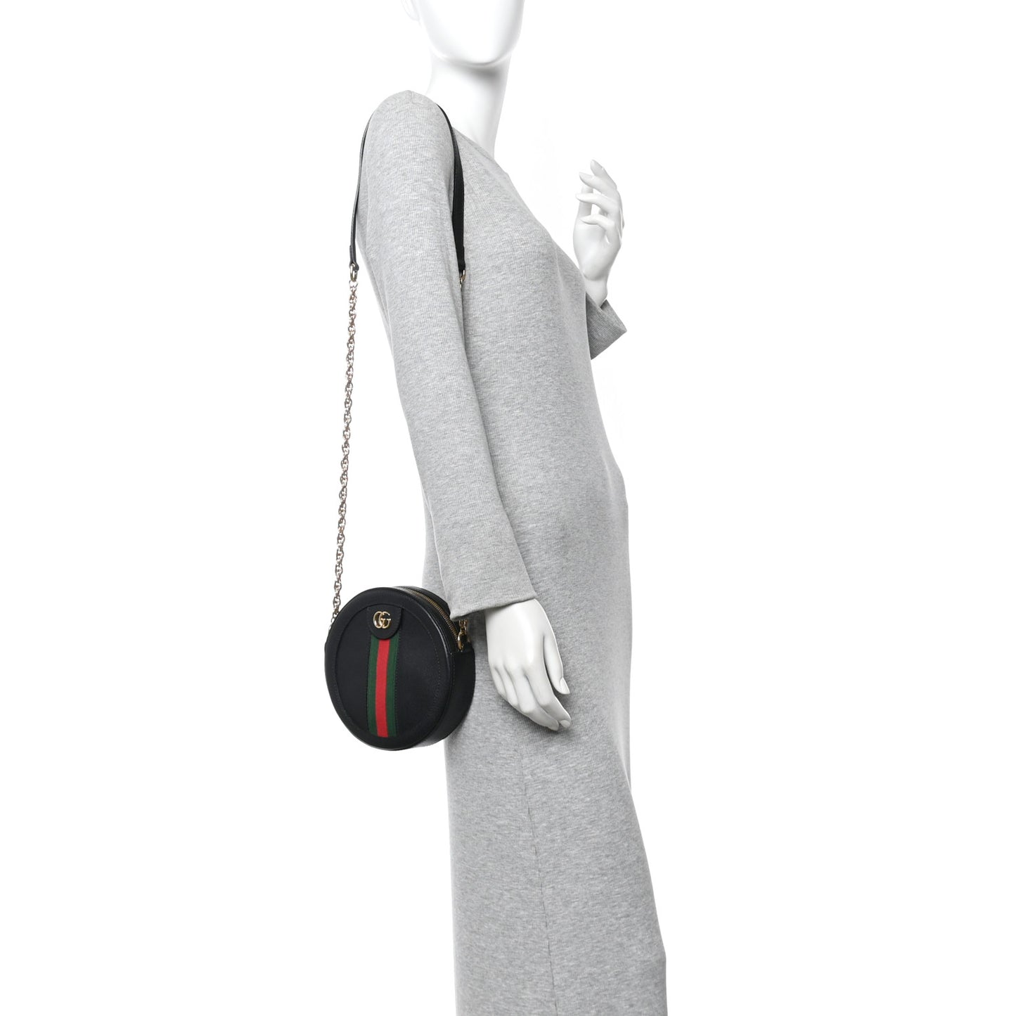 Grained Calfskin Web Mini Ophidia Round Shoulder Bag Black
