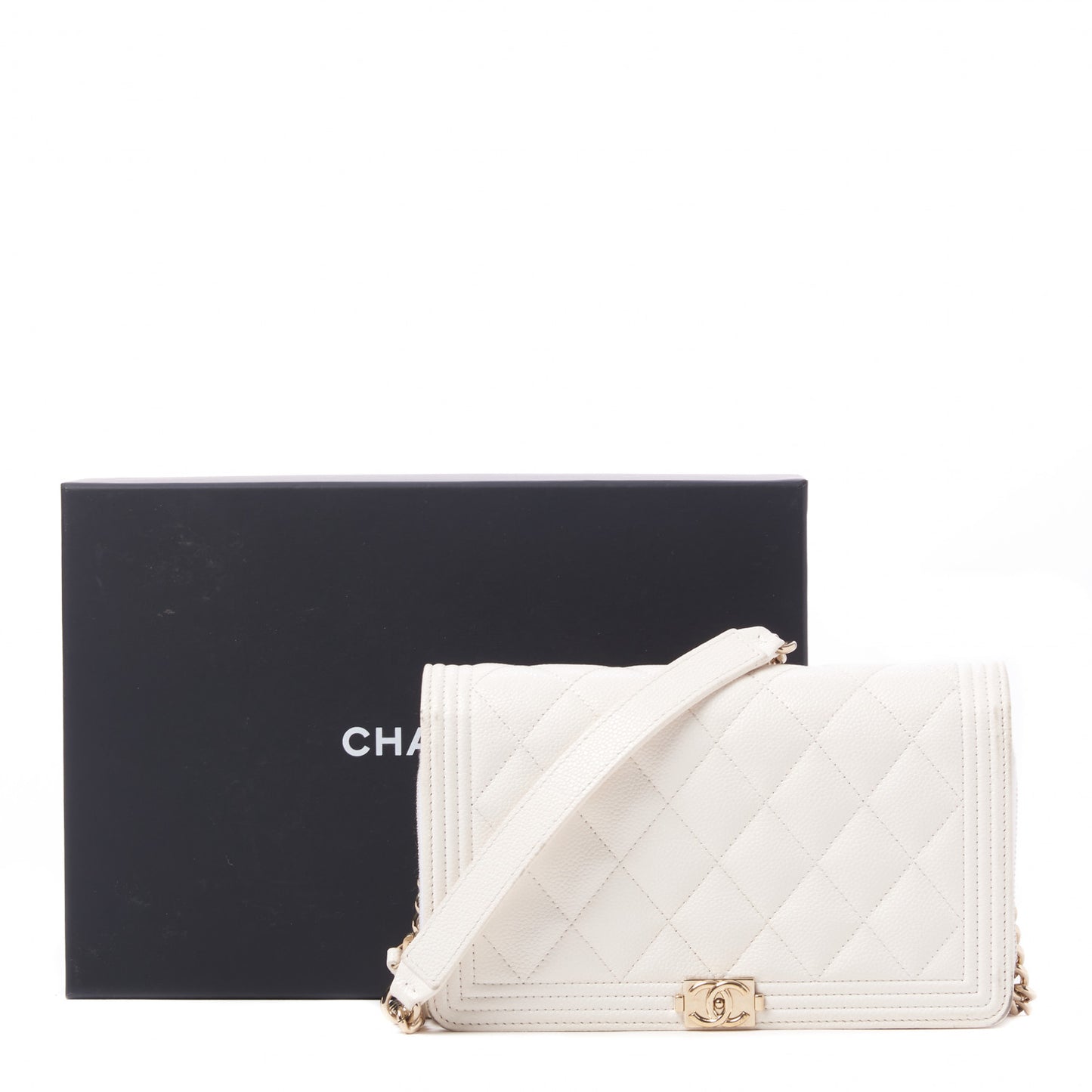 Caviar Quilted Boy Wallet On Chain WOC White