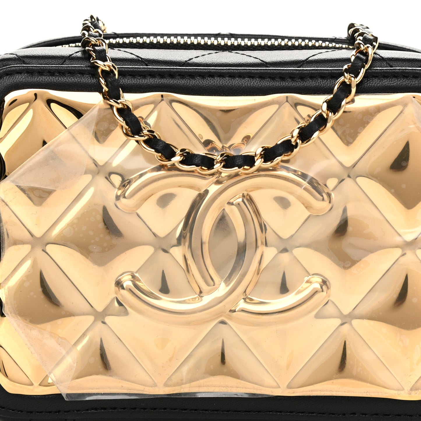 Lambskin Quilted Golden Plate Clutch With Chain Black