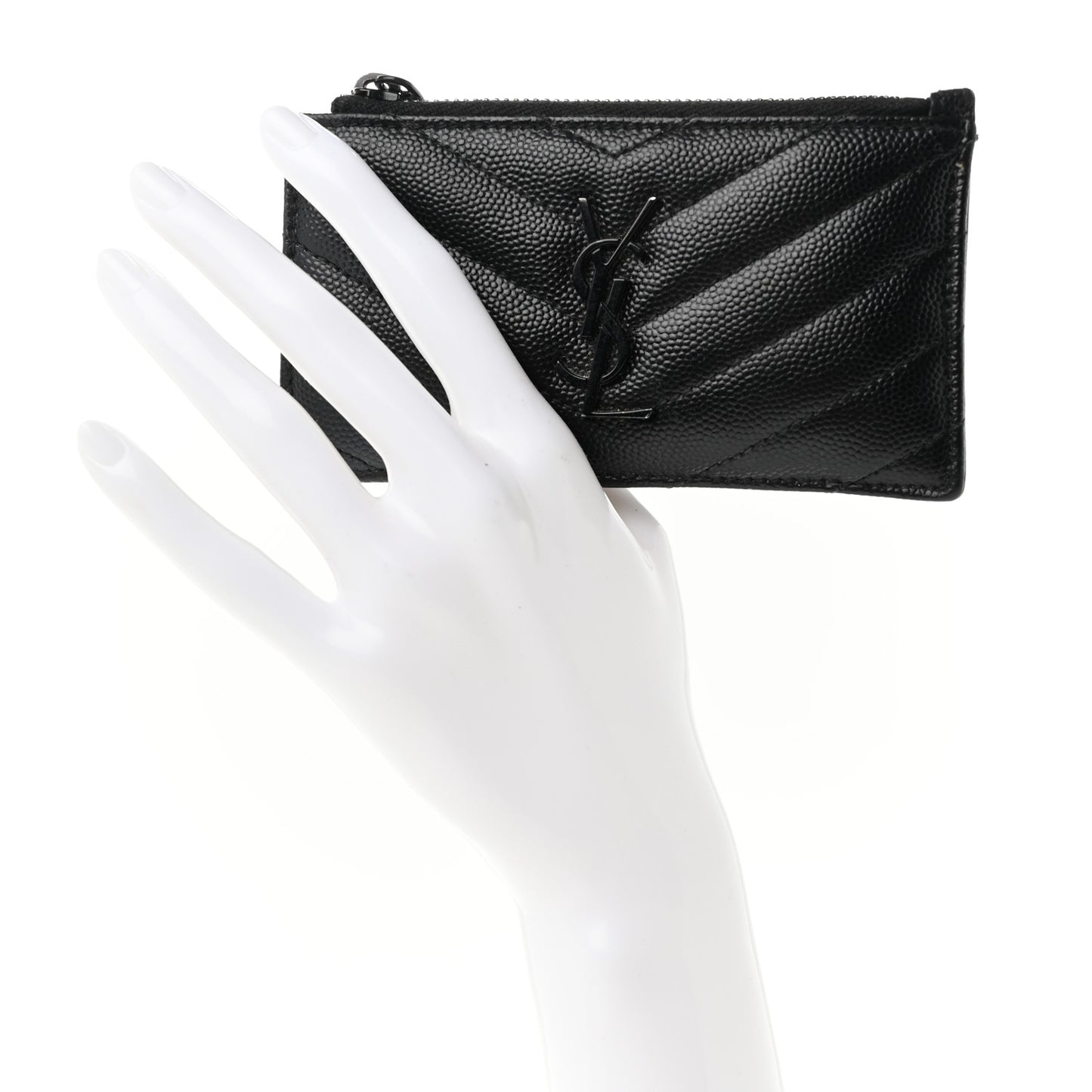 SAINT LAURENT Grain De Poudre Matelasse Chevron Monogram Fragments Zippered Card Case Black