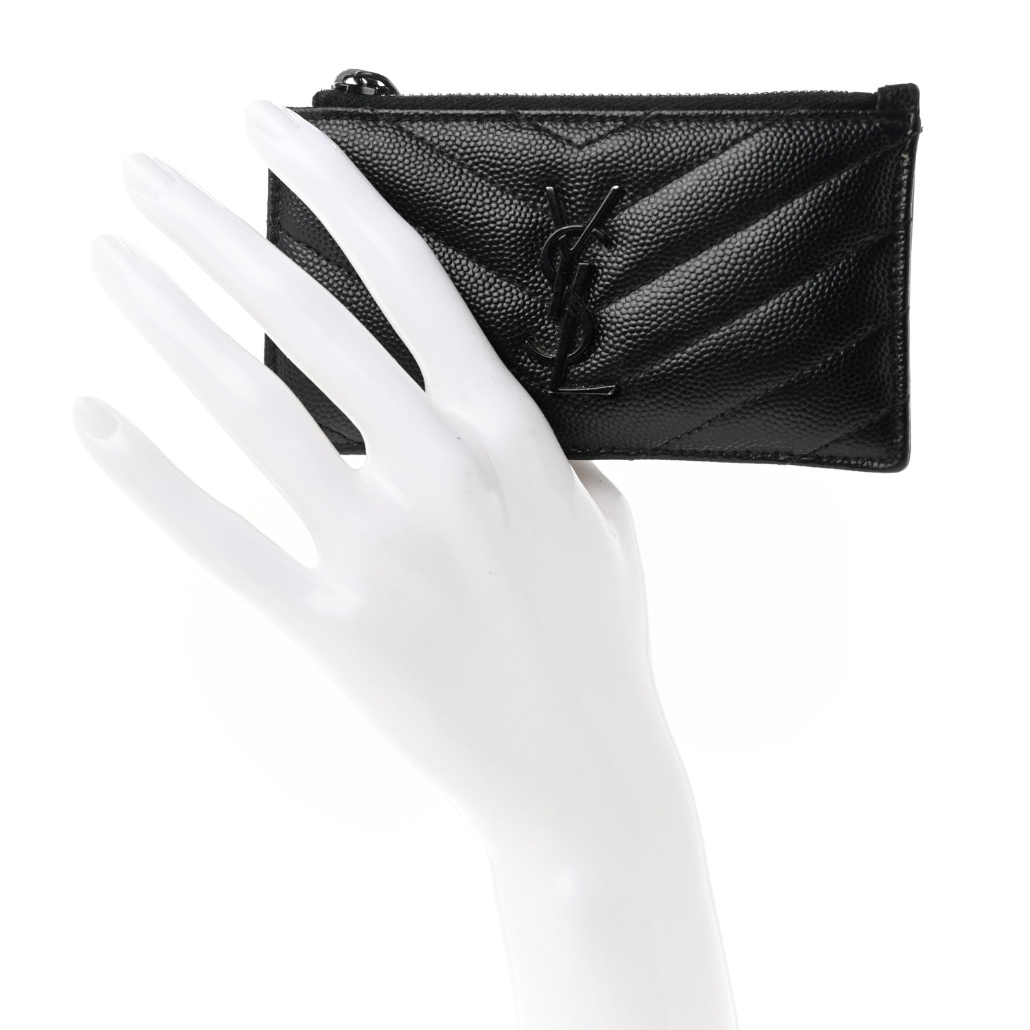 Saint Laurent SAINT LAURENT Grain De Poudre Matelasse Chevron Monogram Fragments Zippered Card Case Black 2 of 16