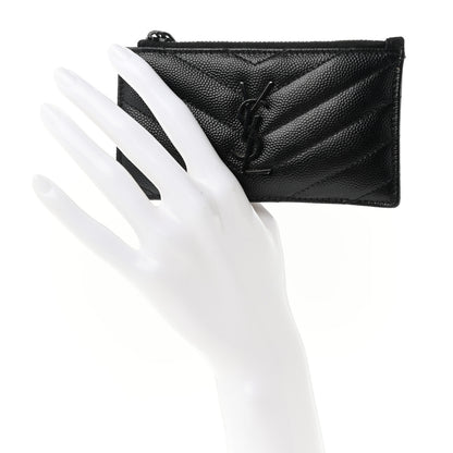 Saint Laurent SAINT LAURENT Grain De Poudre Matelasse Chevron Monogram Fragments Zippered Card Case Black 2 of 16