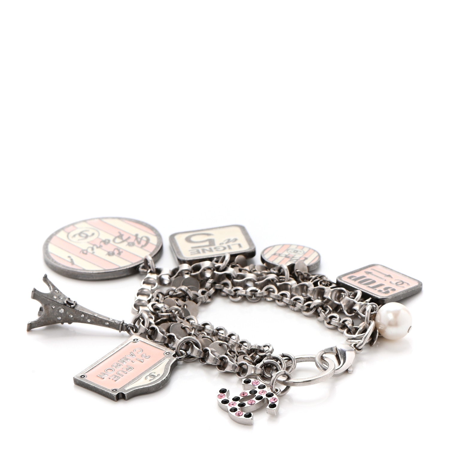 Chanel Enamel Crystal Pearl Paris Souvenirs Charm Bracelet Silver Rose White 3 of 4