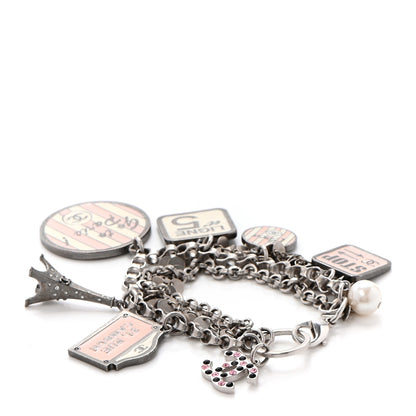 Chanel Enamel Crystal Pearl Paris Souvenirs Charm Bracelet Silver Rose White 3 of 4