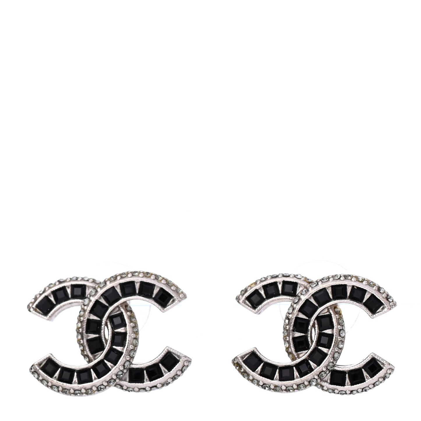 Baguette Crystal CC Earrings Silver Black