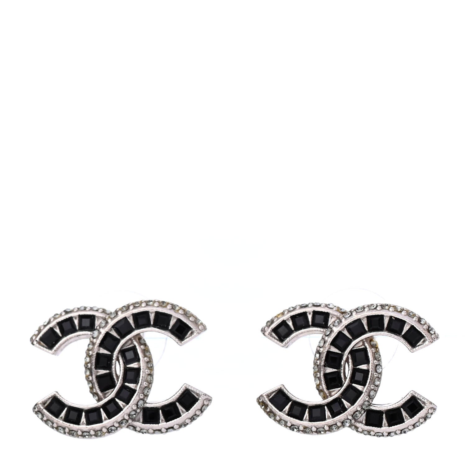Chanel Baguette Crystal CC Earrings Silver Black 1 of 4