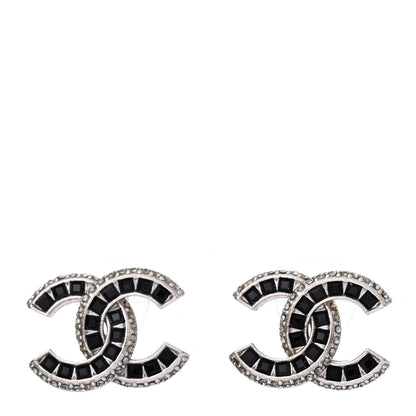 Chanel Baguette Crystal CC Earrings Silver Black 1 of 4
