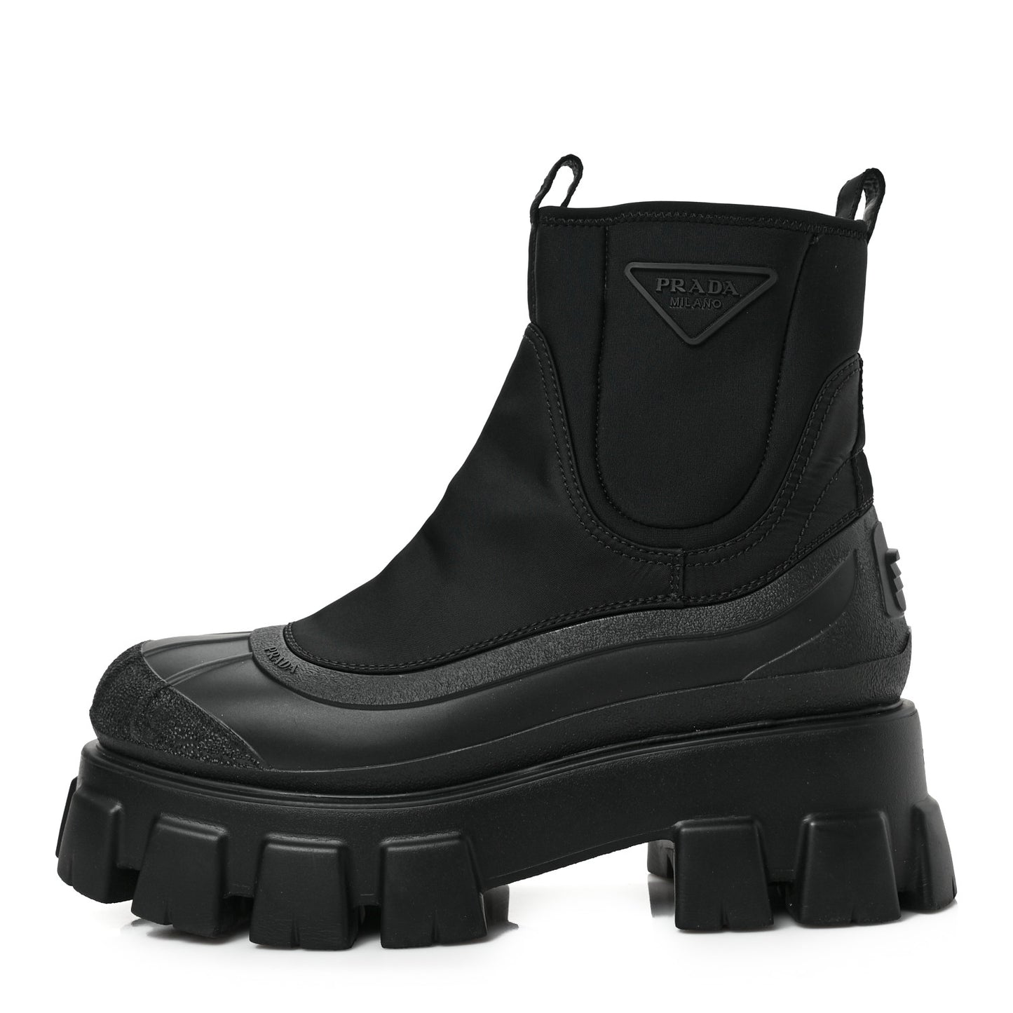Re-Nylon Gabardine Rubber Triangle Logo Womens Monolith 55mm Ankle Boots 40.5 Black