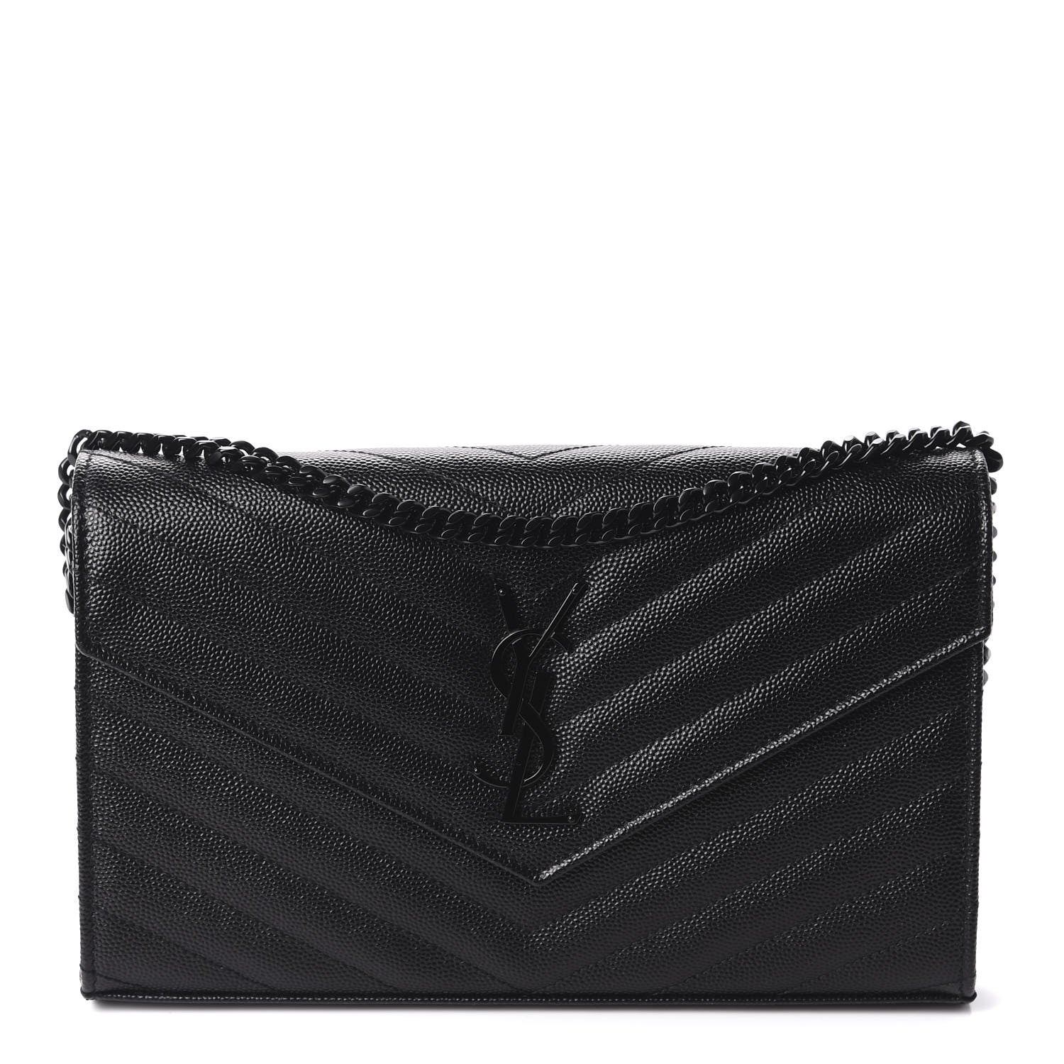 Saint Laurent Grain De Poudre Matelasse Chevron Monogram Chain Wallet Black 1 of 11