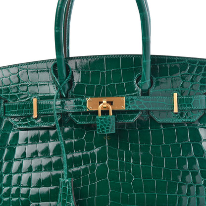 Hermes Shiny Niloticus Crocodile Horseshoe Birkin 30 Vert Emeraude Black 31 of 38