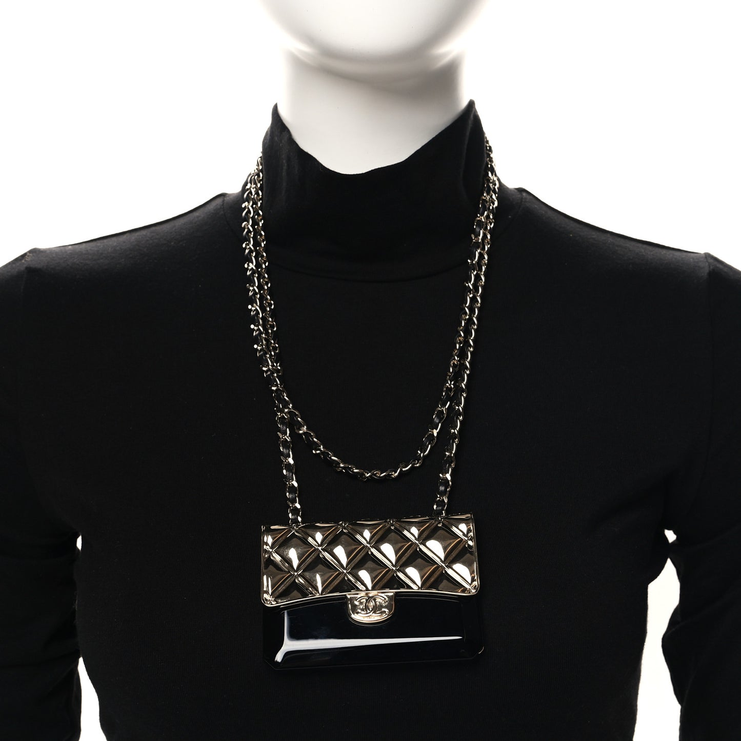 Metal Resin Lambskin Flap Bag Long Necklace Gold Black