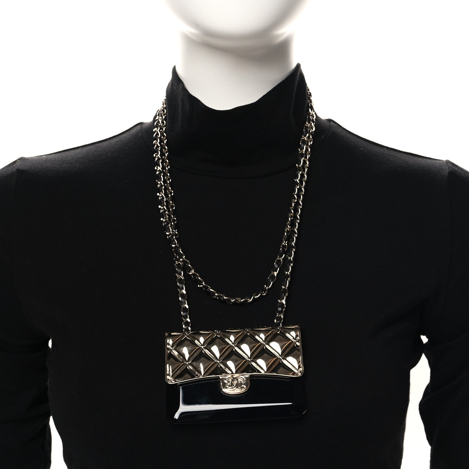 Chanel Metal Resin Lambskin Flap Bag Long Necklace Gold Black 2 of 5