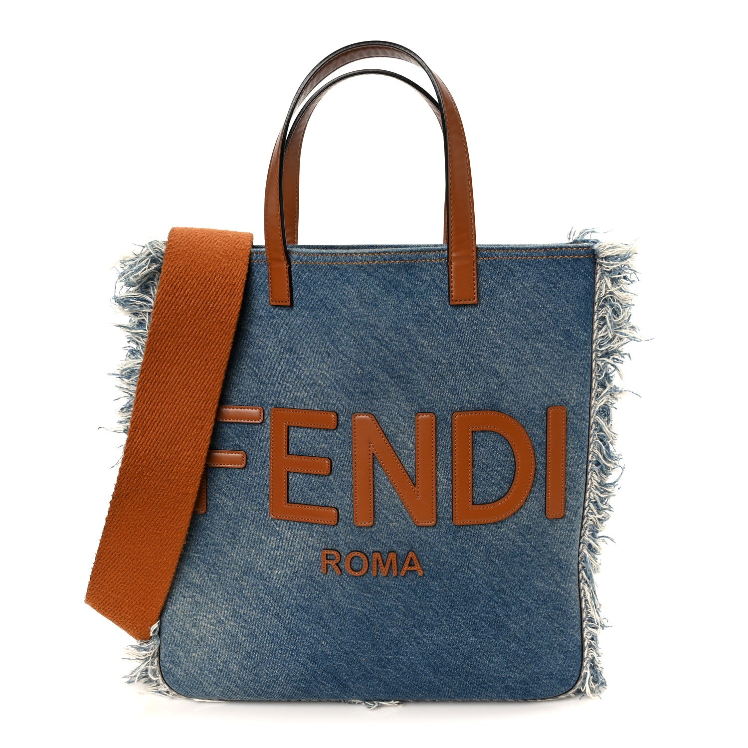 Fendi Denim Lavato Vitello King Logo Embroidered Frayed Tote Denim
