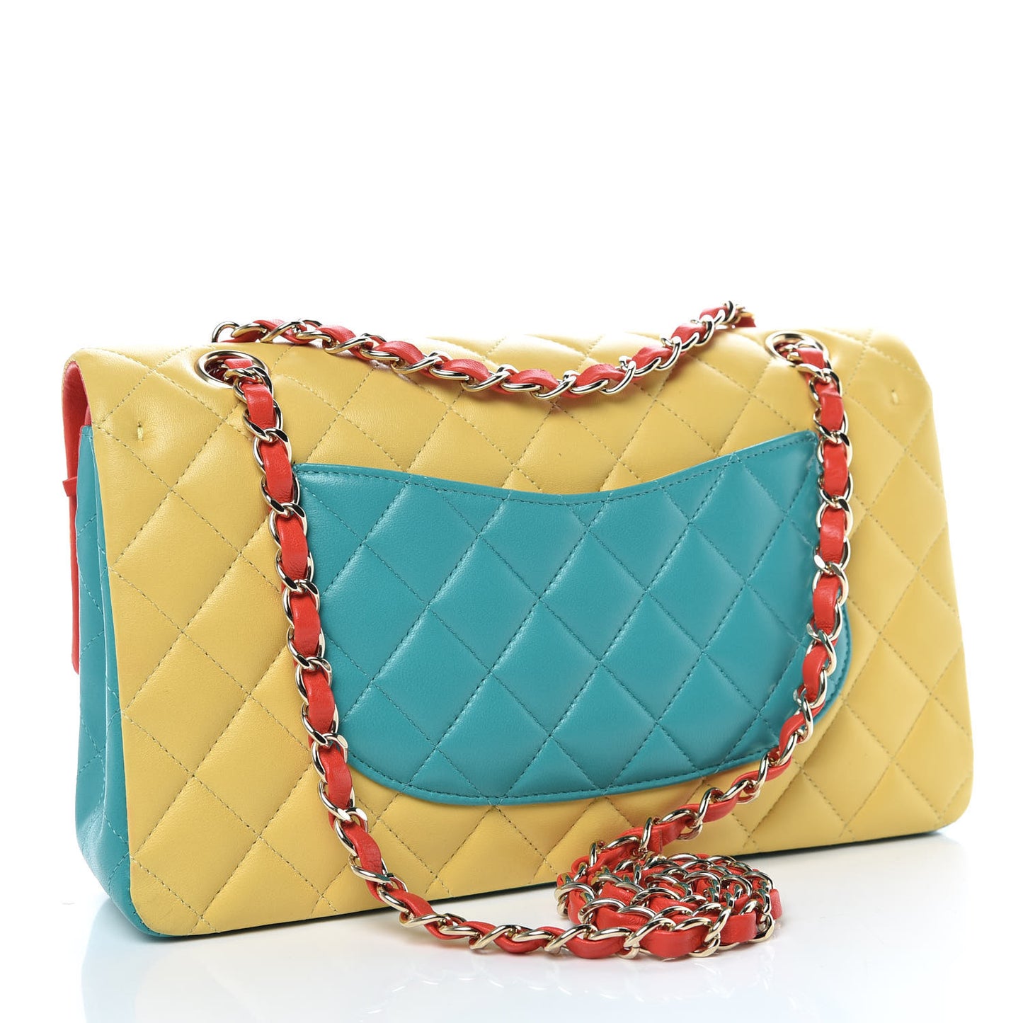 Lambskin Quilted Tri-Color Medium Double Flap Jaune Rouge Turquoise