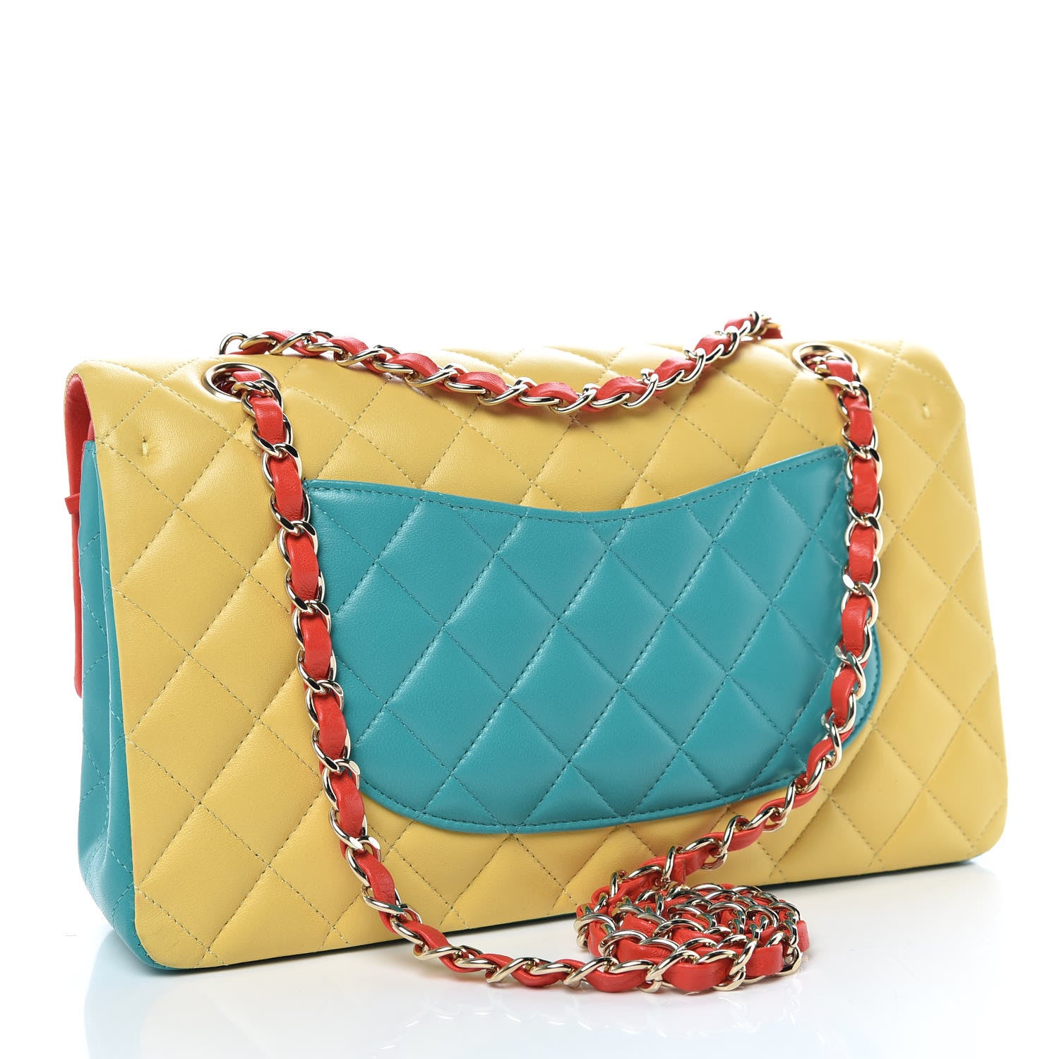 Chanel Lambskin Quilted Tri-Color Medium Double Flap Jaune Rouge Turquoise 4 of 12