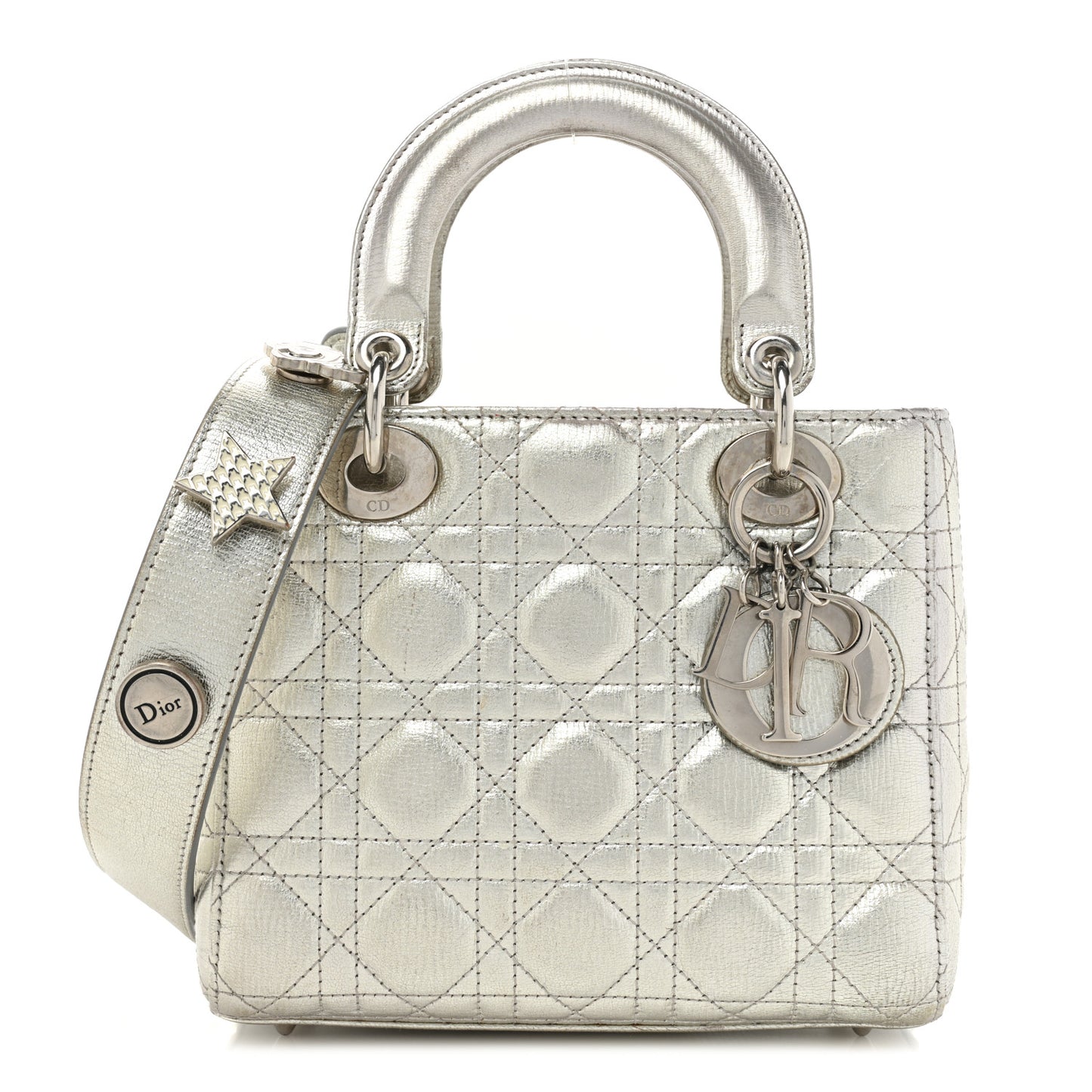Metallic Grained Calfskin Cannage Small Lucky Badges My Lady Dior Silver