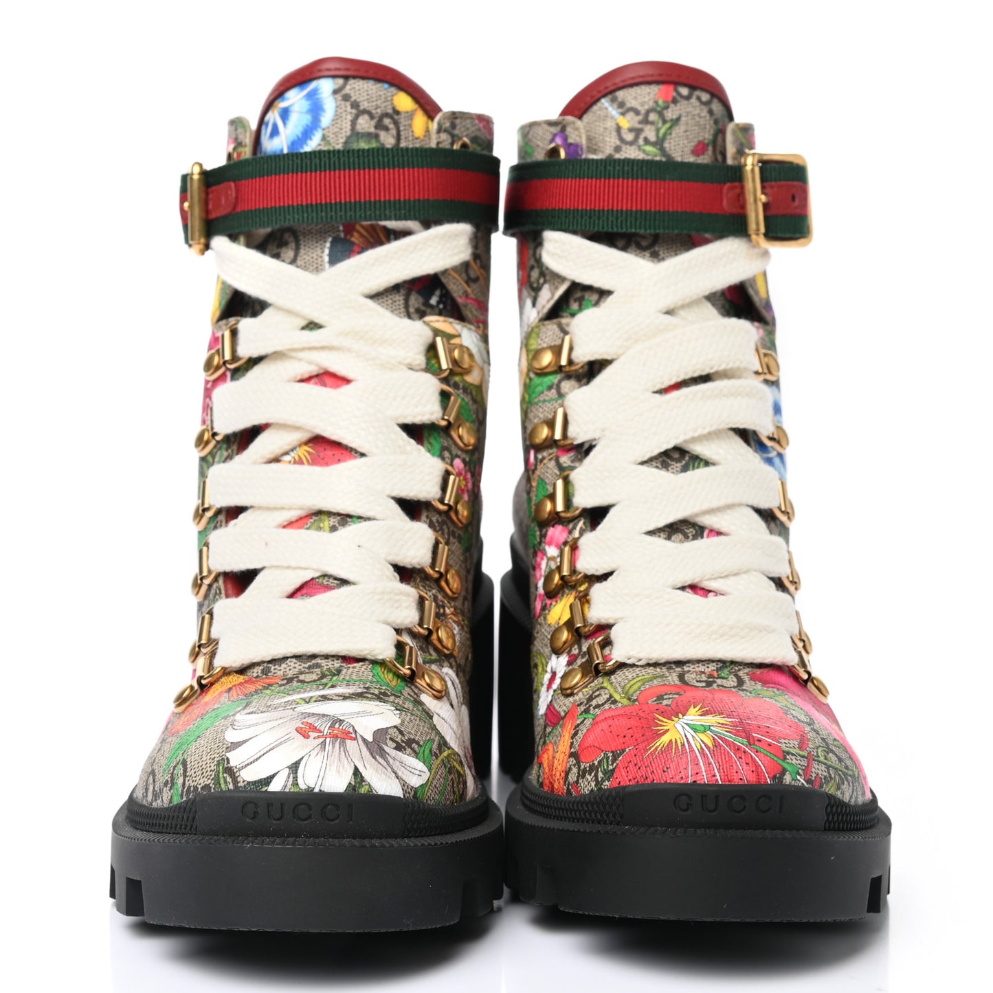 GG Supreme Monogram Flora Lace Up Combat Ankle Boots 37.5 Beige Multicolor Red