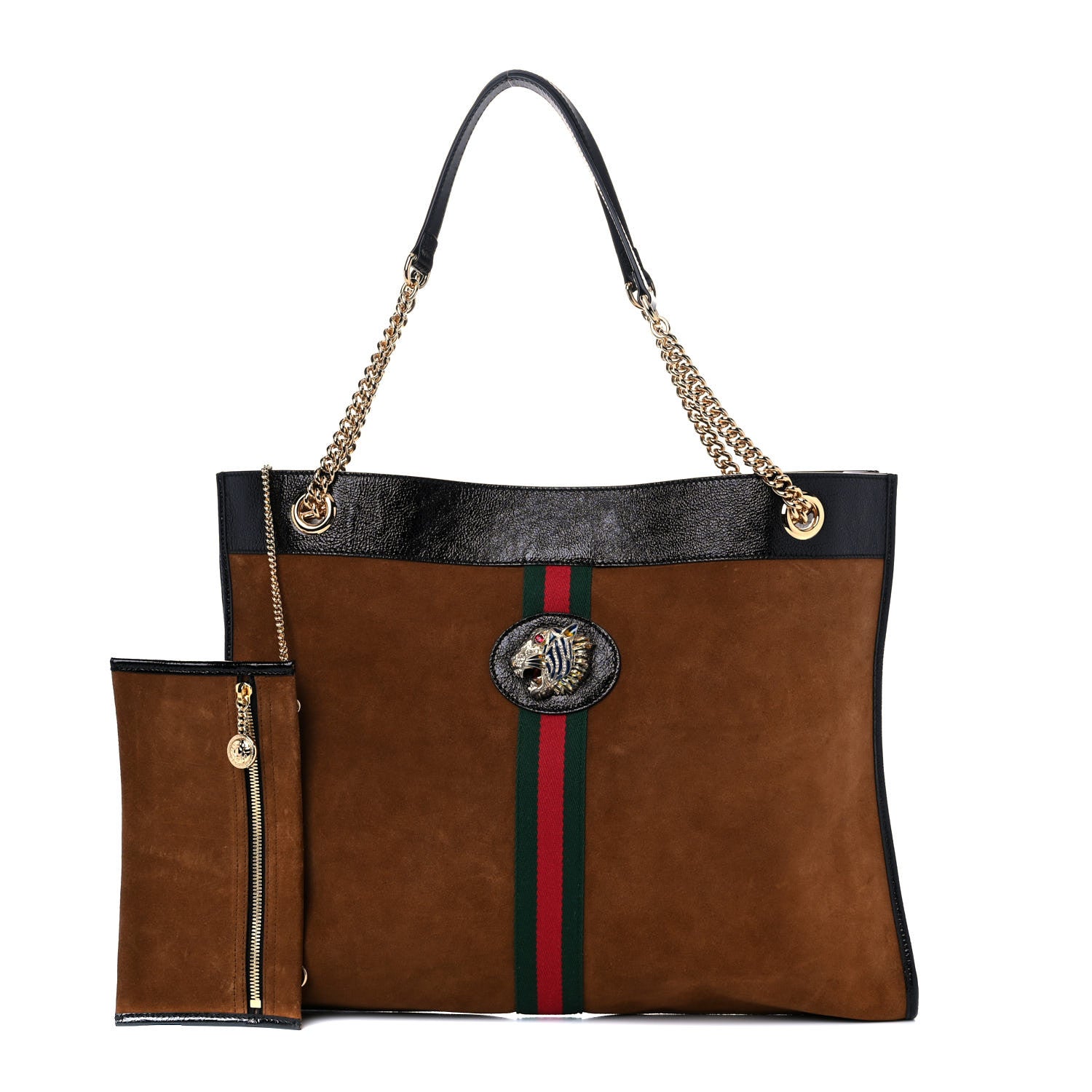 Gucci Suede Patent Large Rajah Chain Tote Nocciola Black 1 of 12