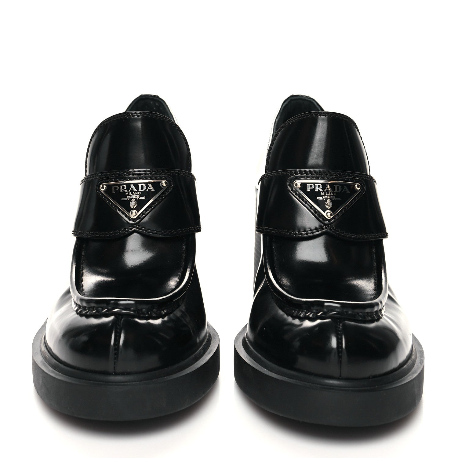 Prada Spazzolato Metal Triangle Logo 85mm Loafers 38.5 Black 2 of 9