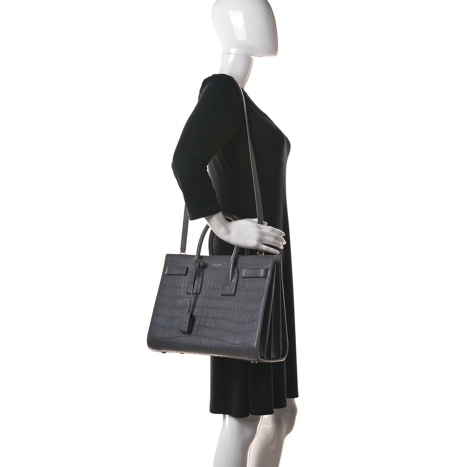 Saint Laurent Calfskin Crocodile Embossed Small Sac De Jour Fog 2 of 12