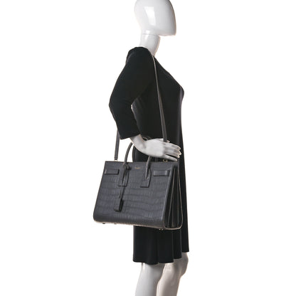 Saint Laurent Calfskin Crocodile Embossed Small Sac De Jour Fog 2 of 12