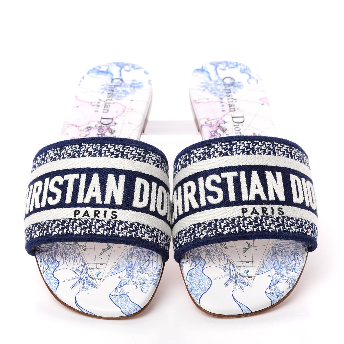 Canvas Around the World Embroidered Dway Flat Slide Sandals 36 True Blue