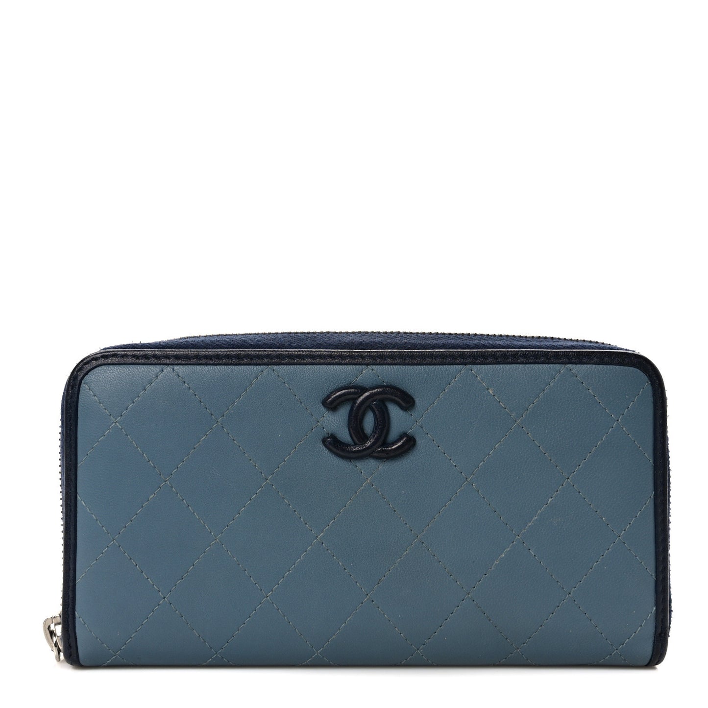 Calfskin Quilted Large Gusset Zip Around Wallet Blue