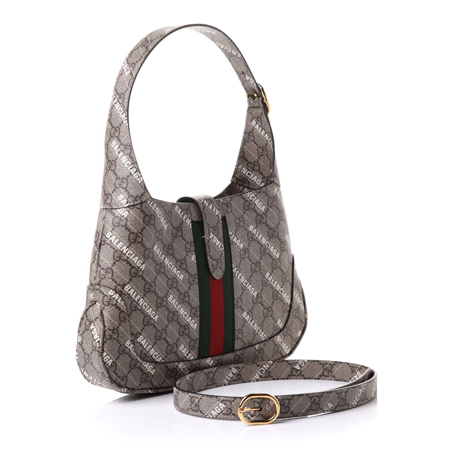 Gucci X BALENCIAGA GG Supreme Monogram Striped Logo Print Web Small Jackie 1961 Hobo Beige Ebony Mystic White 2 of 11