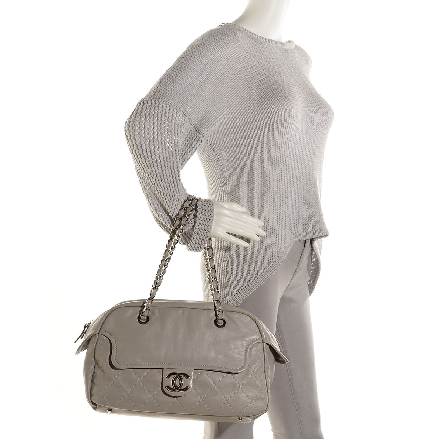 Calfskin Quilted Large Front Flap Shoulder Bag Grey