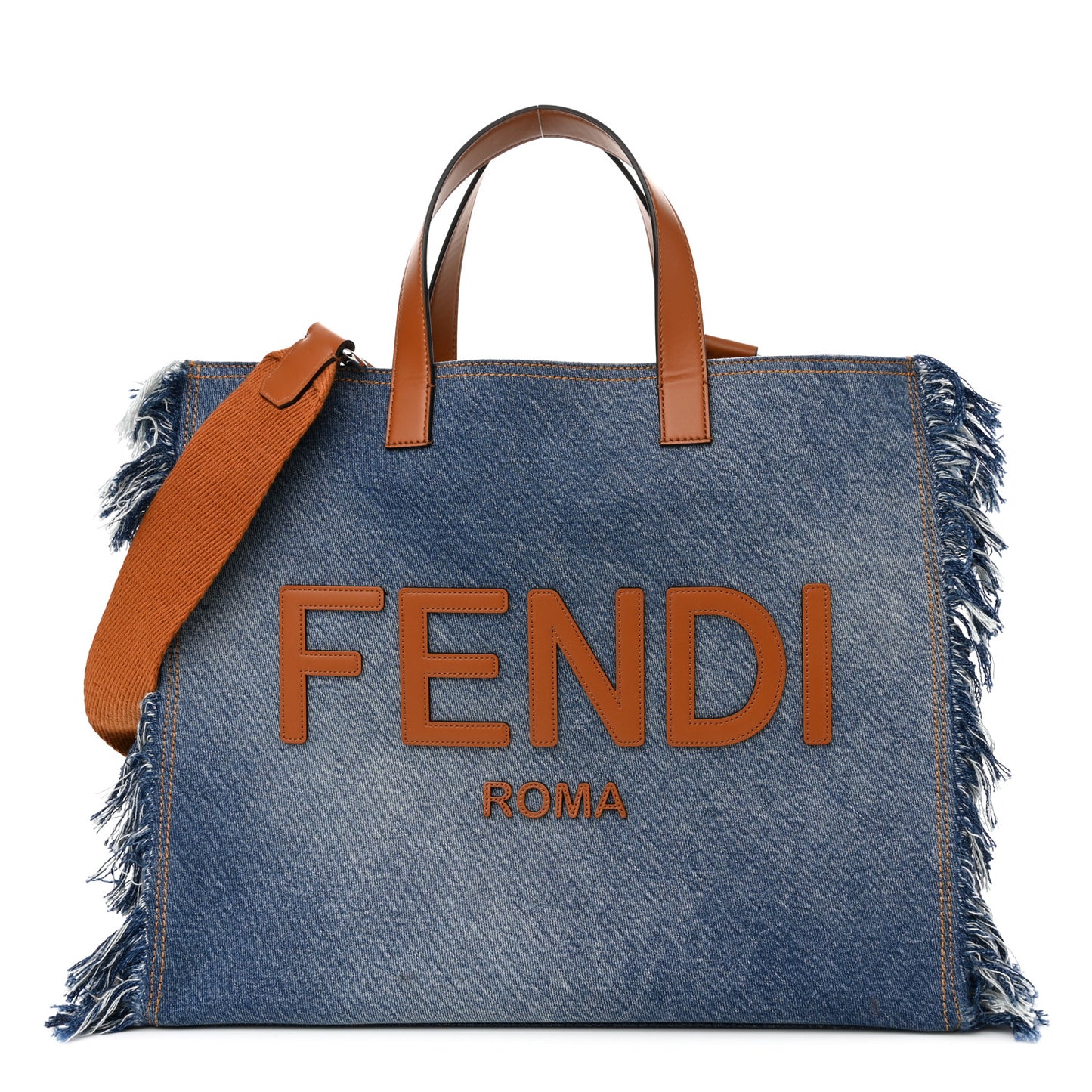 Denim Lavato Vitello King Logo Embroidered Frayed Large Tote Denim Chiaro Cuoio