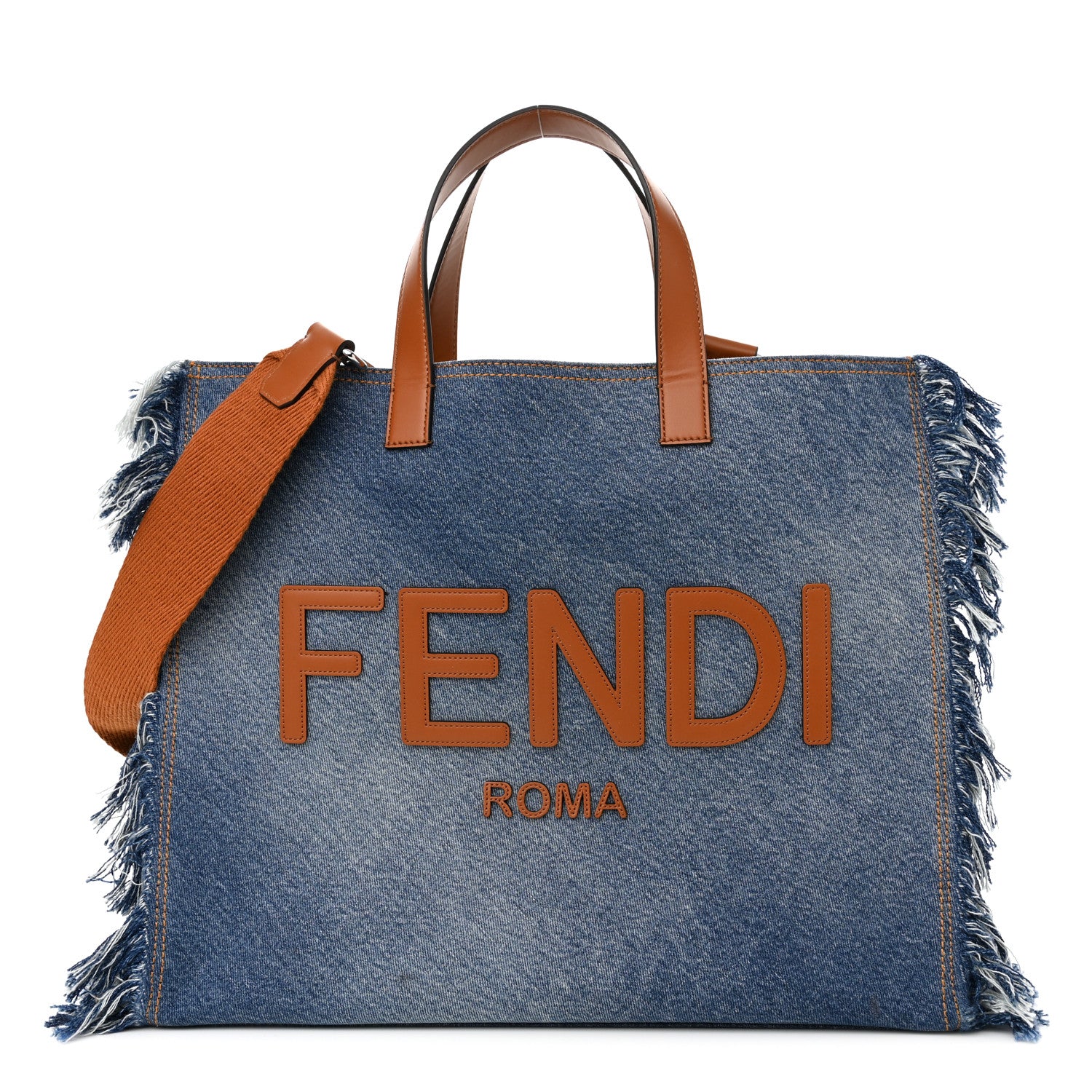 Fendi Denim Lavato Vitello King Logo Embroidered Frayed Large Tote Denim Chiaro Cuoio 1 of 10