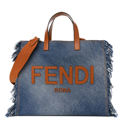 Fendi Denim Lavato Vitello King Logo Embroidered Frayed Large Tote Denim Chiaro Cuoio 1 of 10
