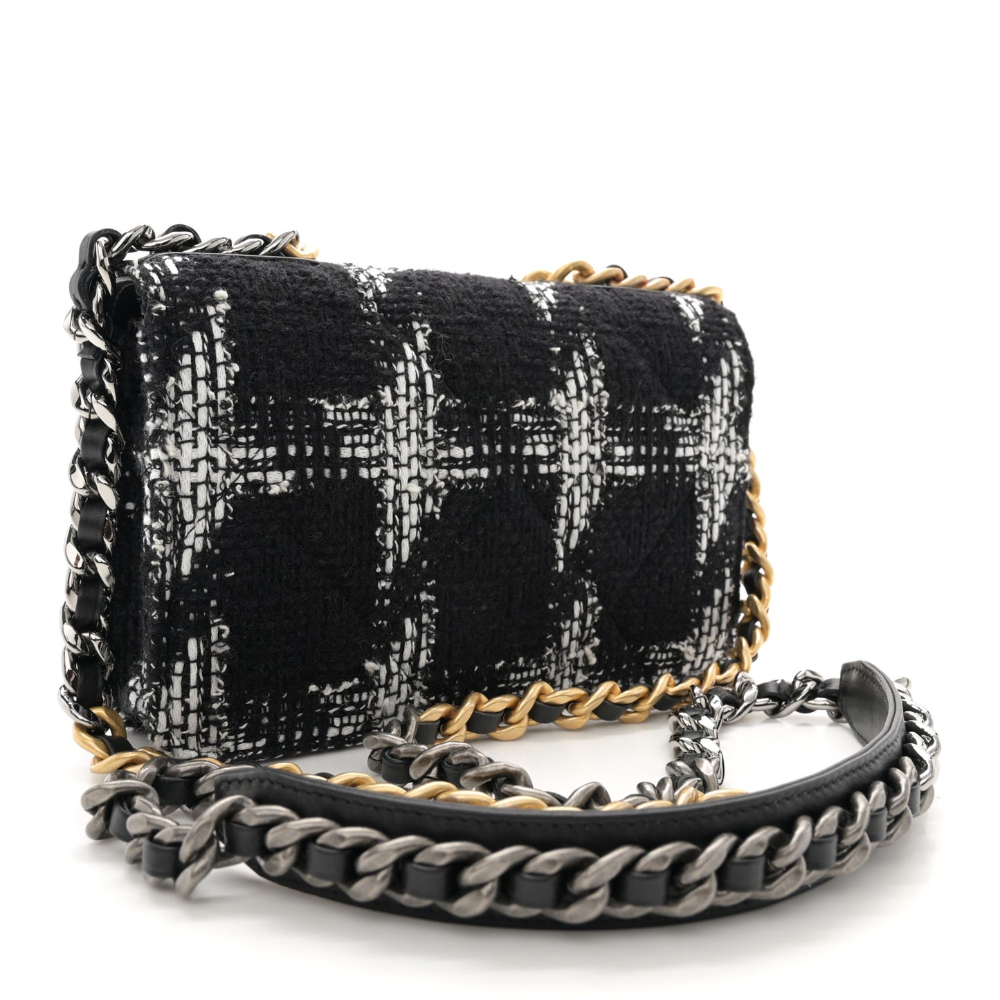 Tweed Quilted Chanel 19 Wallet On Chain WOC Black White