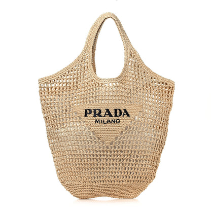 Prada Yarn Raffia Effect Crochet Logo Embroidered Shopping Tote Bag Naturale 1 of 10