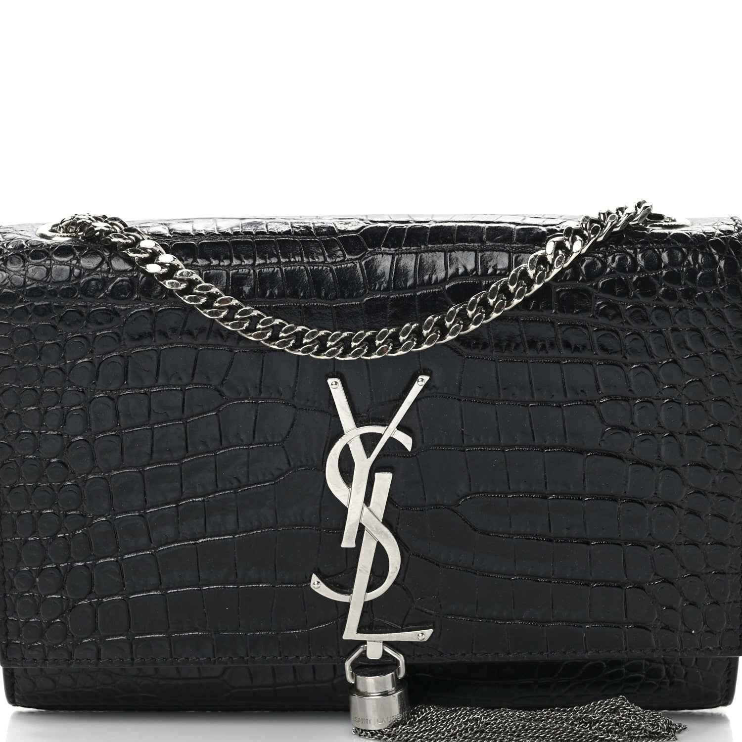 Saint Laurent SAINT LAURENT Calfskin Crocodile Embossed Small Classic Monogram Kate Tassel Satchel Black 7 of 12