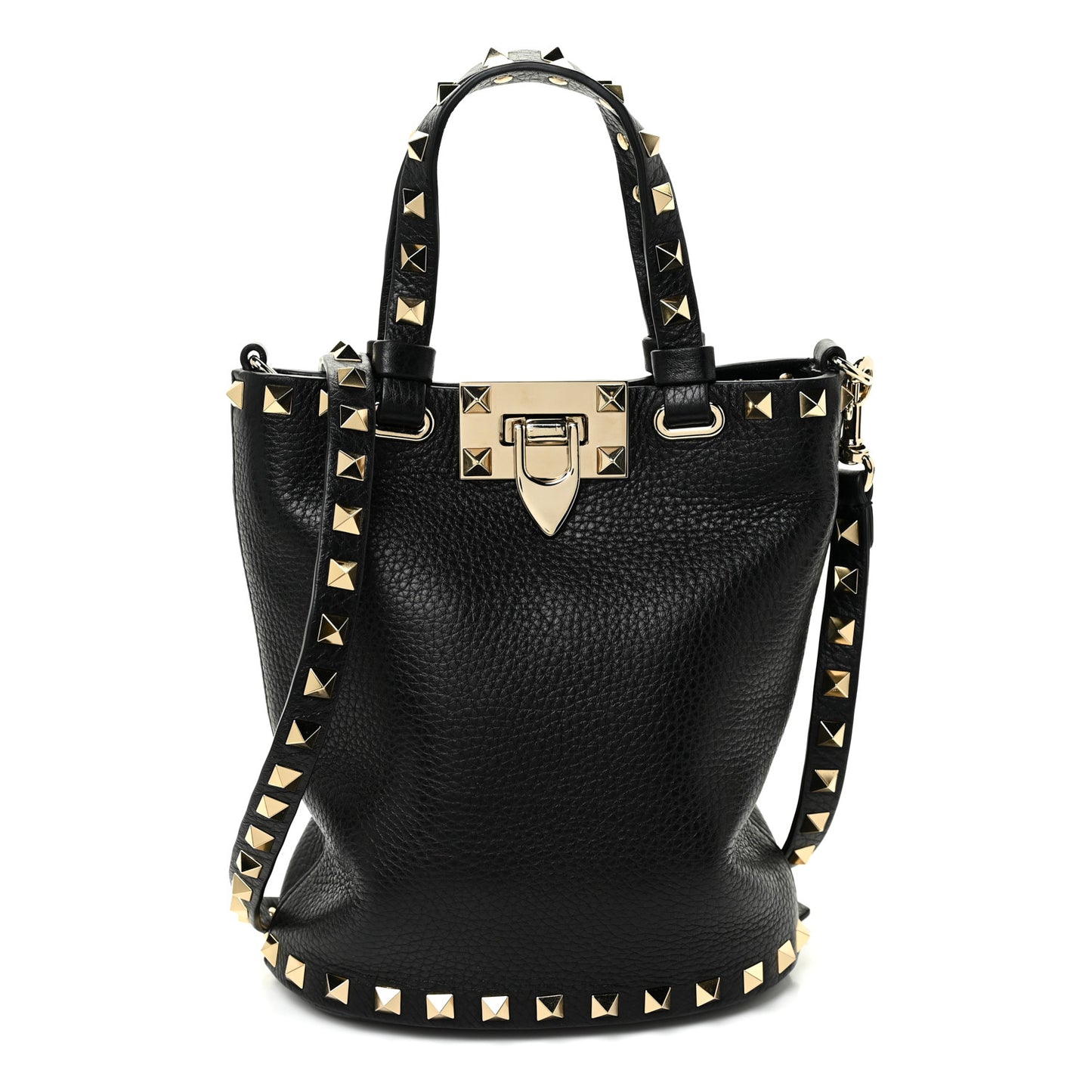 Pebbled Calfskin Rockstud Bucket Bag Black