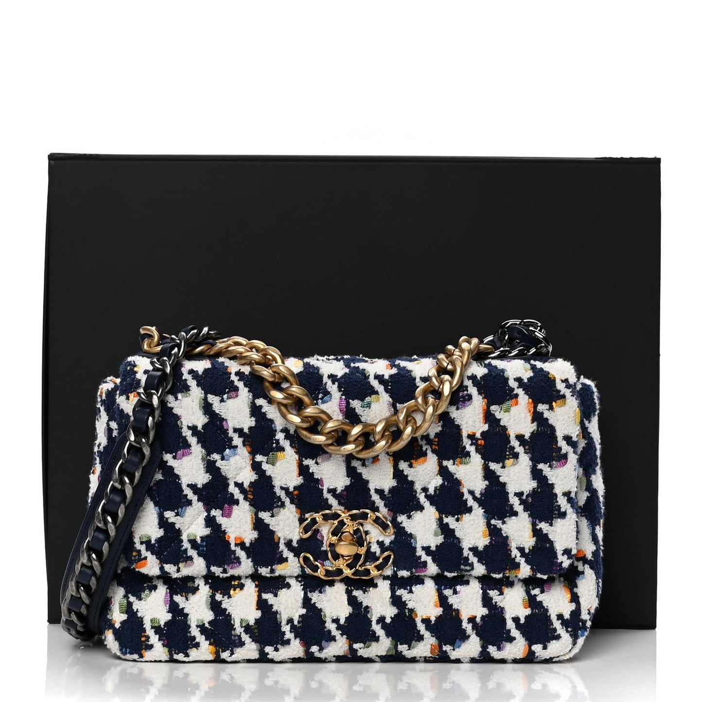 Tweed Quilted Medium Chanel 19 Flap Ecru Navy Blue Multicolor