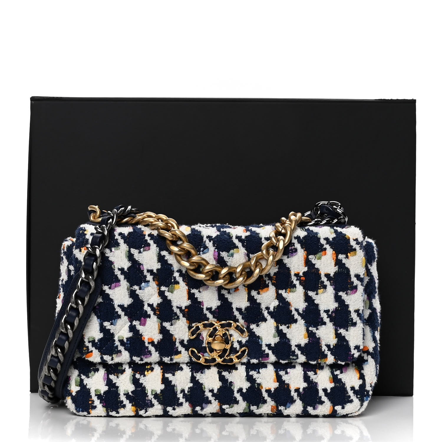 Chanel Tweed Quilted Medium Chanel 19 Flap Ecru Navy Blue Multicolor 8 of 8
