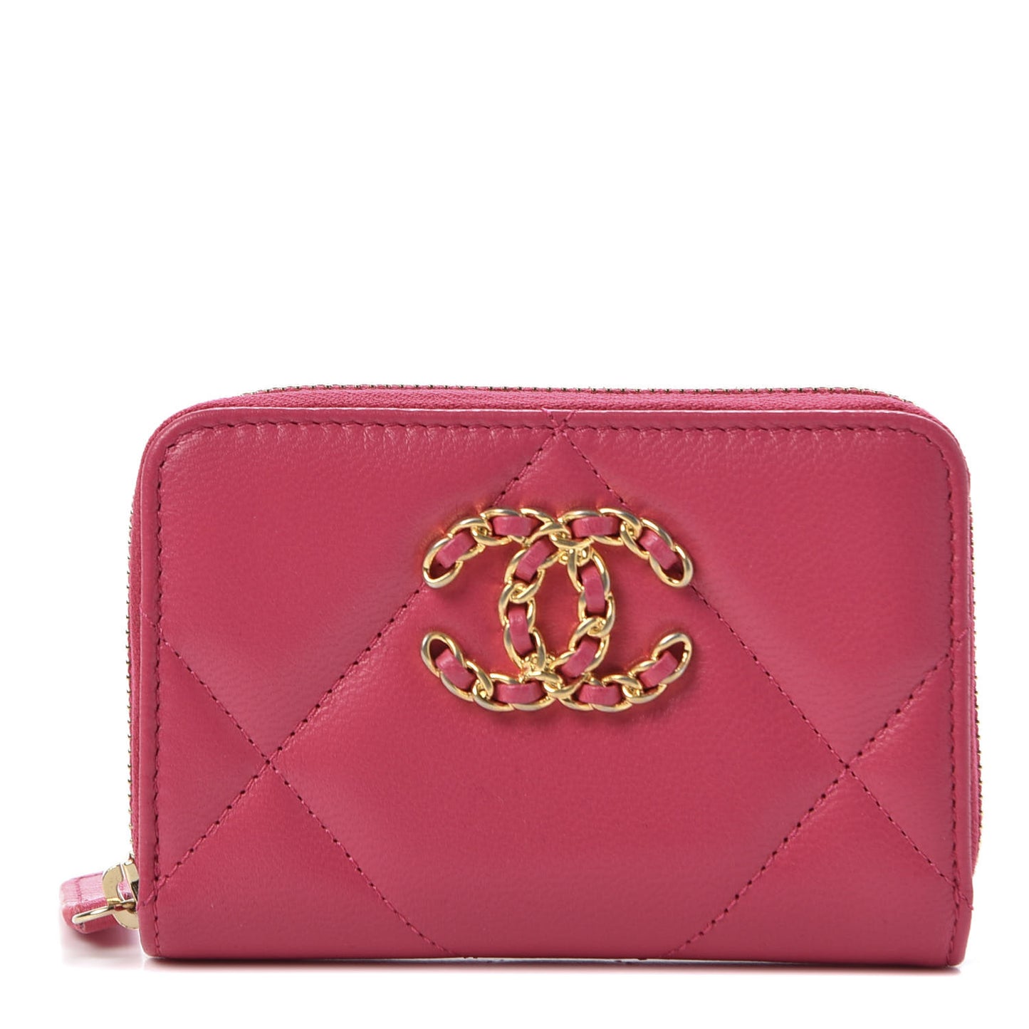 Goatskin Quilted 19 Zip Around Coin Purse Wallet Dark Pink