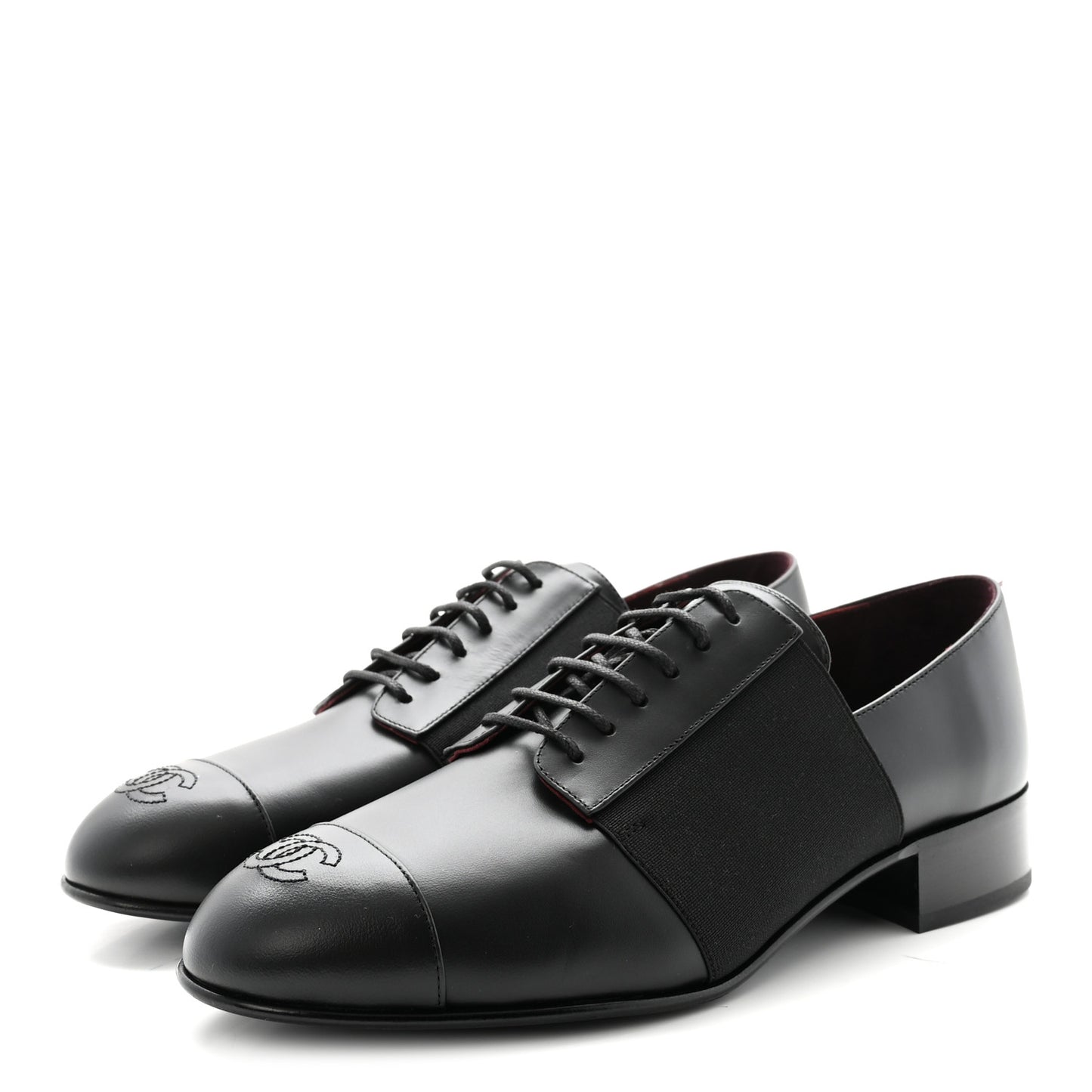 Calfskin Elastic Lace Up Cap Toe CC Loafers 40 Black