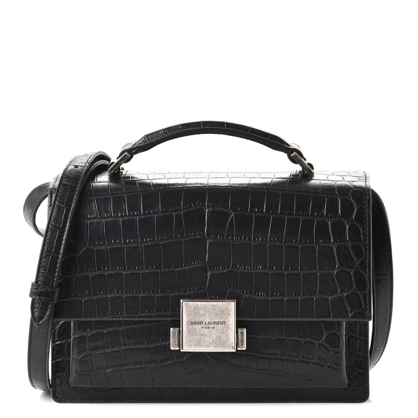 Calfskin Crocodile Embossed Medium Bellechasse Satchel Matte Black