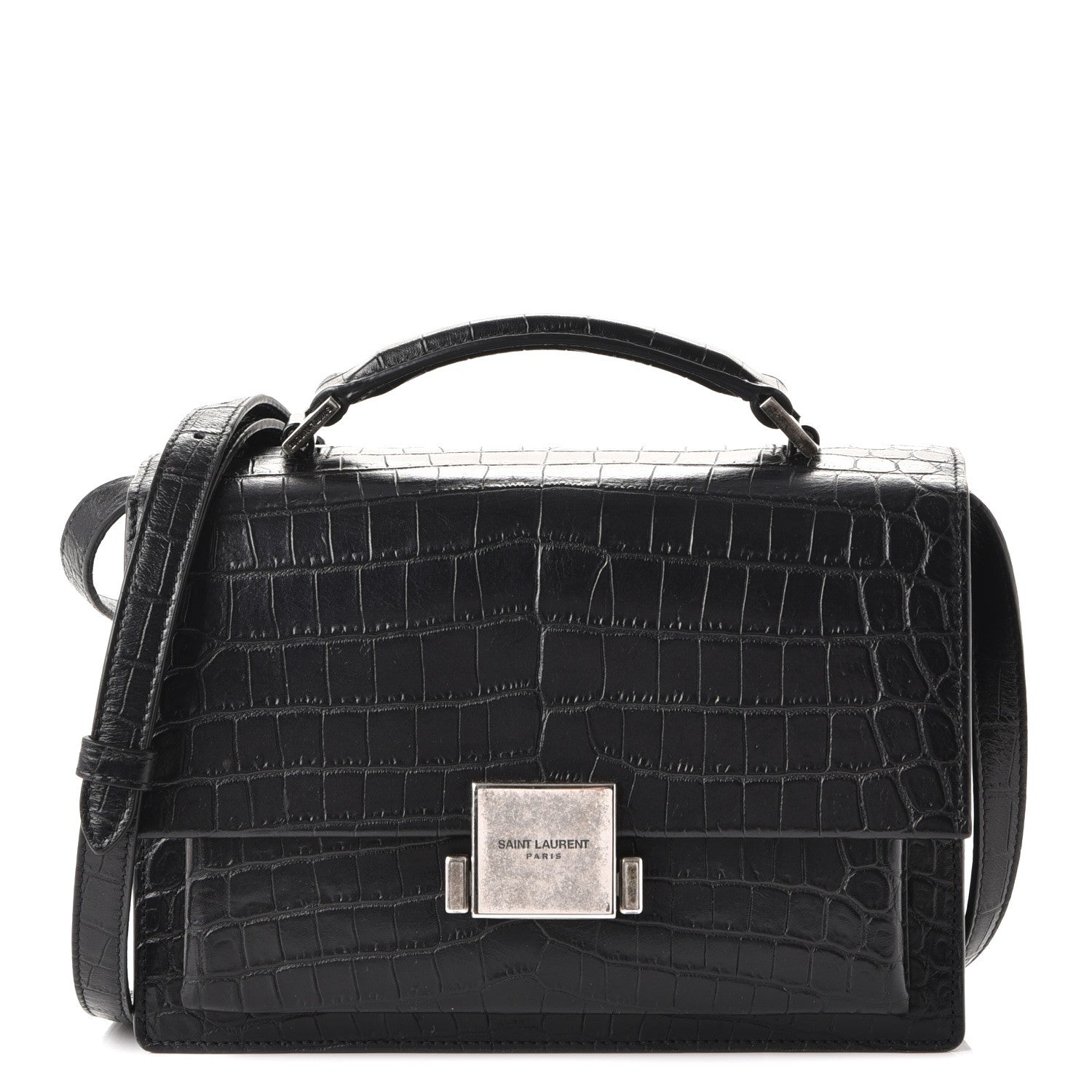 Saint Laurent Calfskin Crocodile Embossed Medium Bellechasse Satchel Matte Black 1 of 9